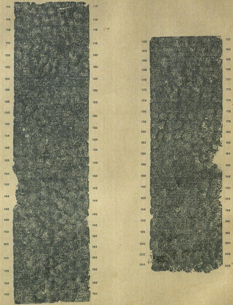 An ink impression of the last part of the Ramappa pillar inscription in two columns. Pale letters stand on a dark ground, and printed numbers run from 112 to 204.