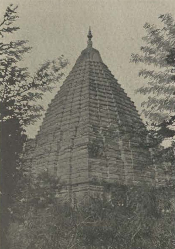A tall stone temple tower rises in many stepped layers to a pointed top, among trees and bushes.